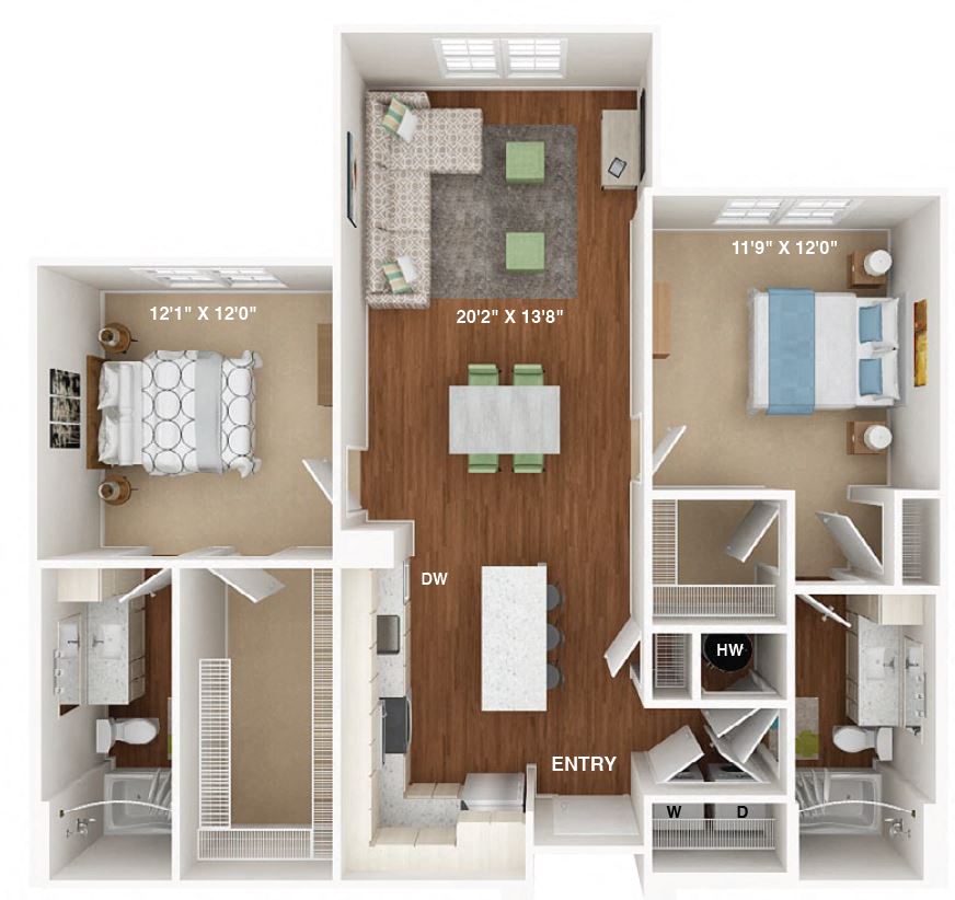 Floor plan for 2 beds, 2 baths, 1117 sqft